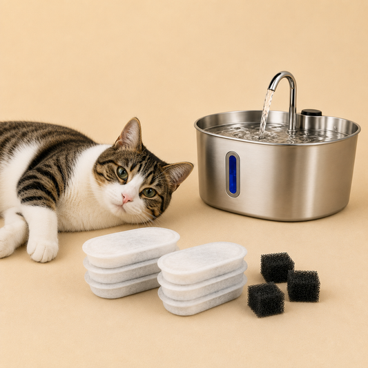 Foto einer Katze neben Edelstahlbrunnen und Ersatzfiltern auf beigem Hintergrund