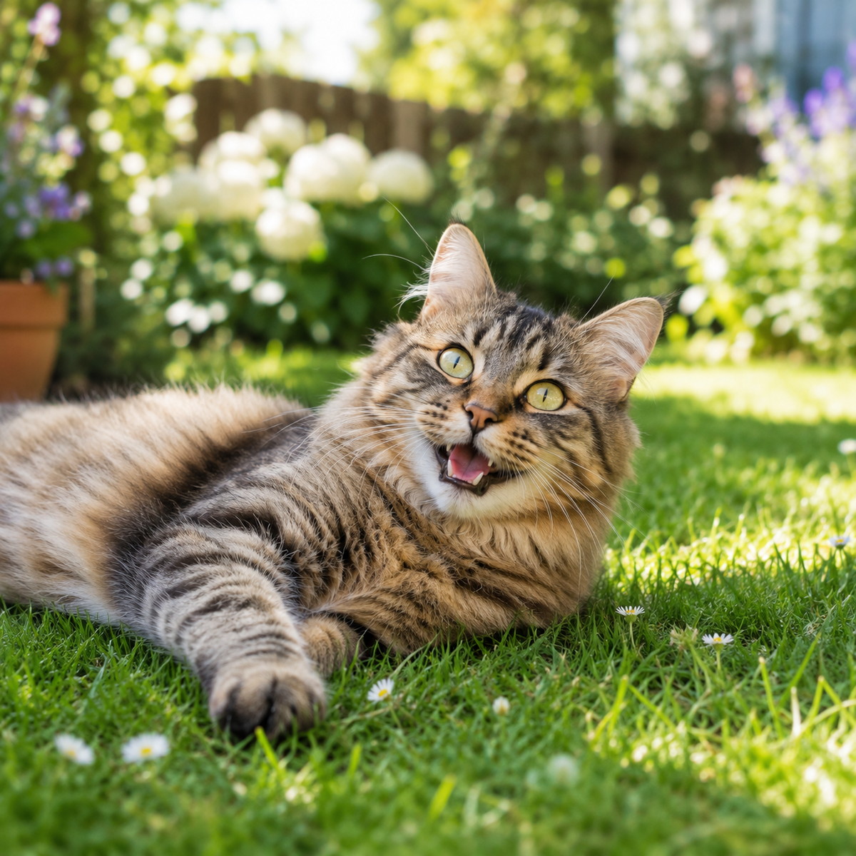 Foto einer getigerten Katze, die im Gras zwischen Blumen im Garten liegt
